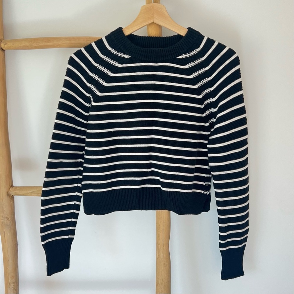 FRENCH CONNECTION Sweater Womens Medium Black White Striped Casual Knit SMALL